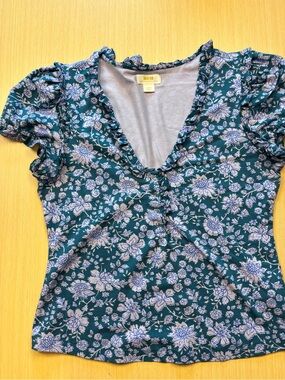 Maeve Anthropologie Puff-Sleeve Ruffle Henley Tee Blouse Teal Floral Sz L